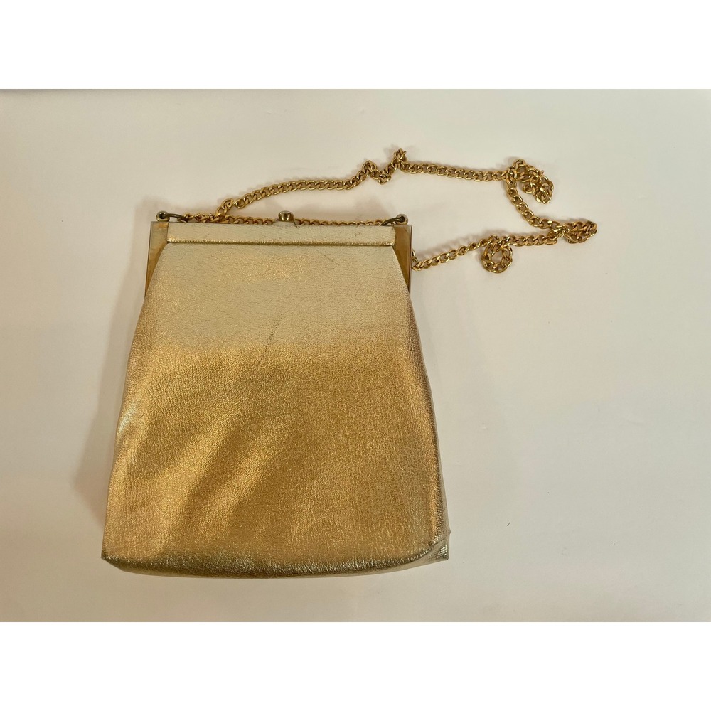Vintage Gold Metallic Evening Bag Kiss Lock Chain Strap Formal Clutch Handbag